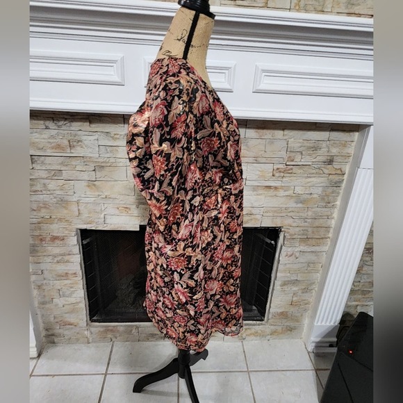 EXPRESS Floral Metallic Gold Puff Sleeve Shoulder Sheath Wrap Dress Size large - Picture 5 of 15